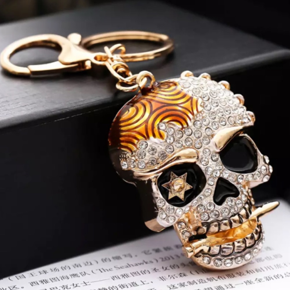 Black & Gold Crystal Pirate Skull Keychain